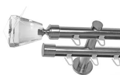 A close-up studio shot of a double curtain rod with a crystal finial.