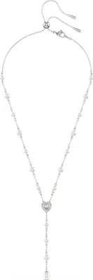 A silver necklace with pearl-like beads and a heart-shaped pendant.