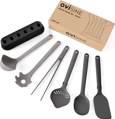 Produktbild von ovisine Sénart Küchenhelfer-Set | 6-teilig mit Ständer | hitzebeständig | Küchenutensilien Set | Küchen Zubehör | Kochbesteck | spülmaschinenfest