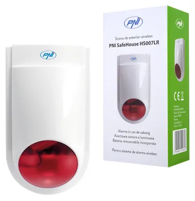 Productafbeelding van PNI SafeHouse HS007LR draadloze buitenhoornsirene, inclusief batterij en voedingsadapter, voor draadloze alarmsystemen