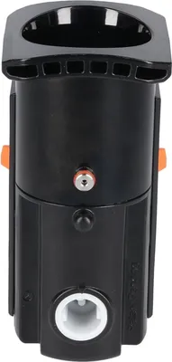 A close-up studio shot of a black coffee machine brewing unit.