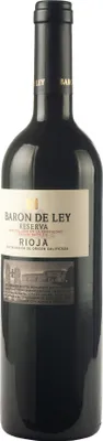 A bottle of Baron de Ley Rioja Reserva wine against a white background.