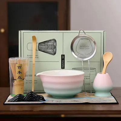 Image de Ensemble Matcha - Ensemble japonais pour le matcha - 8 pièces - Céramique - Bol à matcha - Brosse en bambou réutilisable avec support - Pour 1 personne