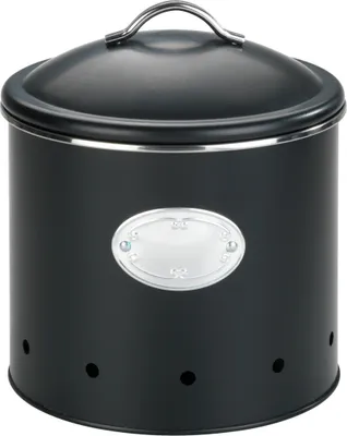 A black storage container with a silver decorative label and a silver handle on the lid.