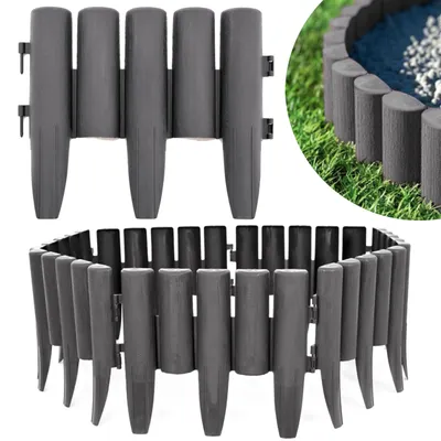 A collage of plastic garden edging in a wood-like anthracite color. One section shows a straight piece, another shows a curved arrangement, and a close-up shows the edging installed around a garden bed.