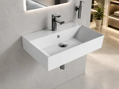 Produktbild von Design Waschbecken Aufsatzwaschbecken Waschtisch aus hochwertiger Keramik eckig KS.60 - 60 x 42 cm - Weiß, KI-generiertes Bild