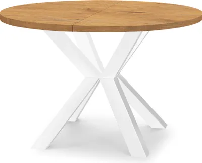 Zdjęcie produktu dla Okrągły rozkładany stół do jadalni RAL z drewnianymi nogami, styl loft, industrialny, średnica: 120 / 220 cm, kolor: dąb lancelot / biały