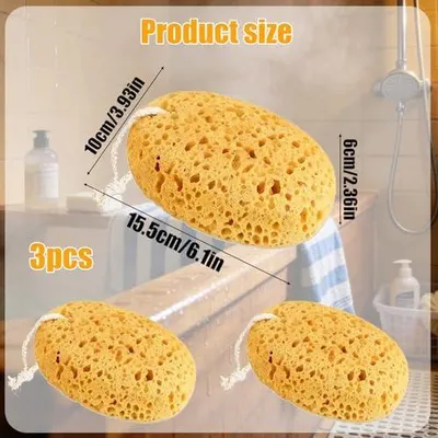 Produktbild von 3 Stück Badeschwamm Naturschwamm mit Kordel – Peeling Schwämme für Duschen & Baden, 15,5 cm – Natürlicher Viel Schaum Körperschwamm für Weiche Haut