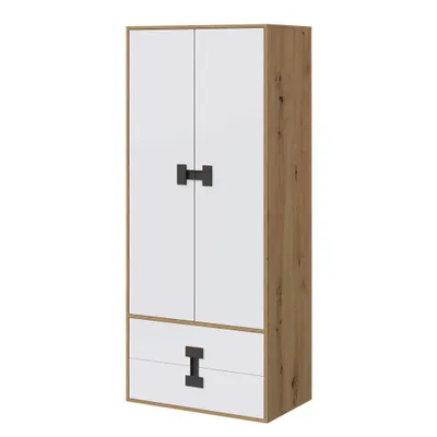 Produktbild von MIRJAN24 Kleiderschrank Index 01, Drehtürenschränk für Jugendzimmer, Schrank mit zwei Schubladen, Kinderzimmer (Farbe: Eiche / Weiß + Schwarz)