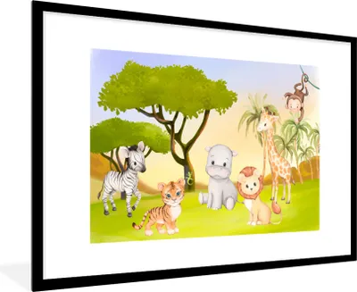 Produktbild von MuchoWow® Gerahmtes Poster Dschungel - Tiere - Kind 90x60 cm - Poster mit Schwarzem Bilderrahmen Wandposter Rahmen Foto Bilder - Wanddekoration - Fotos