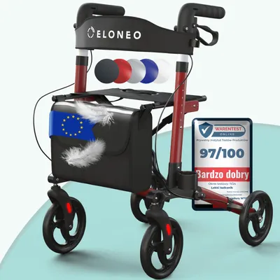 Image de ELONEO Déambulateur pliable et léger avec siège, déambulateur de voyage léger en aluminium, aide à la marche réglable en hauteur sur 8 positions, déambulateur pliable sur 3 positions