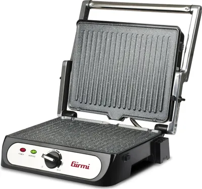 A black and silver electric grill with its lid open, shown from a diagonal angle.