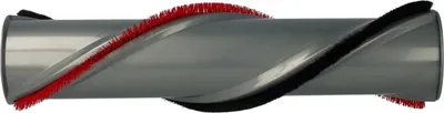 A vacuum cleaner roller brush with red and black bristles.