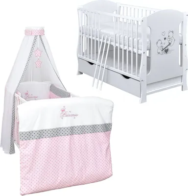 Produktbild von Baby-Delux Babybett Kinderbett Lia 120x60 Teddy Wippe Weiß inkl. Schublade Bettset Komplett Princess Stars Schaumstoffmatratze
