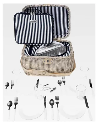 Produktbild von Picknickkorb aus Weide in hellem Shabby-Look - mit herausnehmbarem isoliertem Fach in blau gestreift - inklusive 21-teiligem Zubehör für 4 Personen - mit Tragegurt