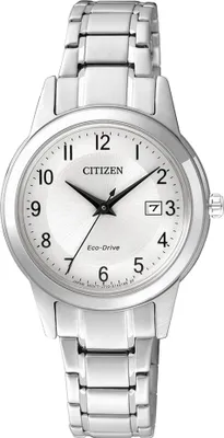 A close-up studio shot of a silver Citizen women's watch with a white dial.