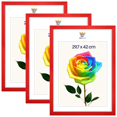 Produktbild von MG Design 3er Set Bilderrahmen Rot A3 29,7x42 cm - Posterrahmen Echtholz mit Acrylglas, stabile Wandaufhängung, hoch/quer