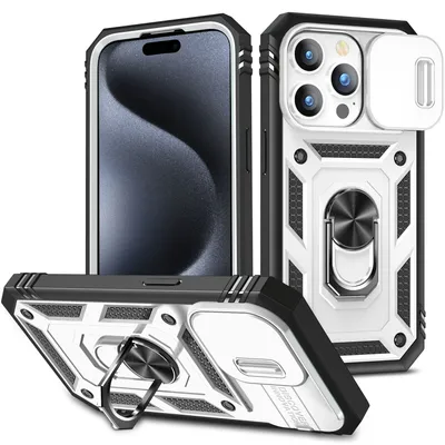 Obrázek produktu pro Pouzdro pro iPhone 15 Pro posuvná ochrana kamery, robustní nárazuvzdorné, s držákem prstenu, stojánkem a držákem na karty Bílý