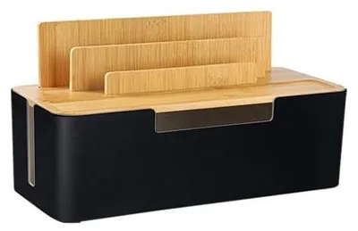 Kabelmanagement-Box mit Holzdeckel, Kabelorganizer, 30x13x16 cm, Schwarz
