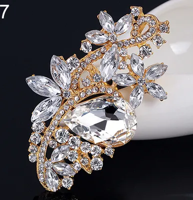 Produktbild von Wassertropfen-Blumen-Brosche, Strass-Kristall-Broschen, Blumenstrauß, Hochzeitsschmuck-Gold + Weiß