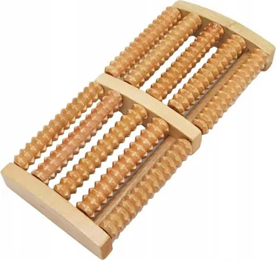 A wooden foot massager with multiple rollers.