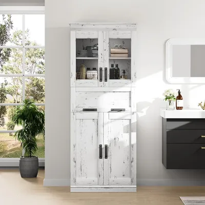 Image de Armoire de cuisine de 170 cm en bois, avec 2 portes en bois, 2 portes en verre, 4 compartiments et 1 tiroir, de couleur blanche