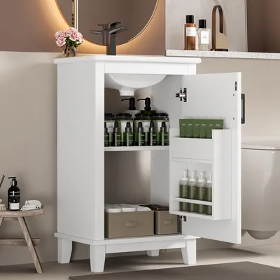 Produktbild von 51x34x83cmBodenstehender Badezimmerschrank, Waschtisch, Waschtisch,komplett lackiert, Türregale, verstellbare Regale, integriertes Keramikwaschbecken, geeignet für kleine Räume, weiß