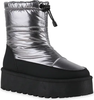 A single silver and black winter boot is shown against a white background.