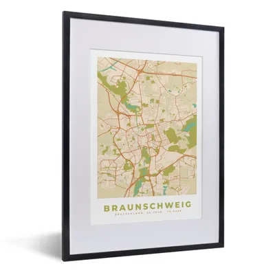 Produktbild von MuchoWow® Gerahmtes Poster Braunschweig - Karte - Vintage - Stadtplan 30x40 cm - Poster mit Schwarzem Bilderrahmen Wandposter Rahmen Foto Bilder - Wandposter Schlafzimmer