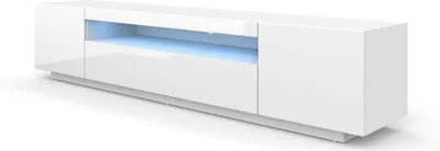A white, high-gloss TV stand with blue LED lighting.