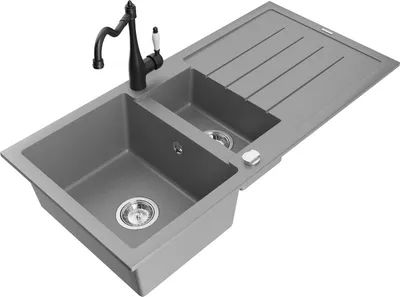 Produktbild von Mexen Andres 1,5-Becken-Granitspüle mit Abtropffläche und Mischbatterie Carla, Grau - 6515-71-670700-70