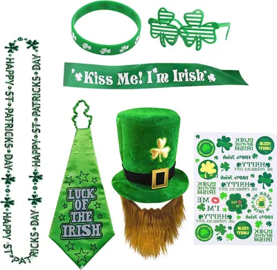 Produktbild von St. Patrick’s Day Kostüm Set 7-teilig, grünes Party Zubehör mit irischem Hut, Bart, Brille & Krawatte