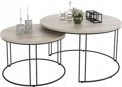 Zdjęcie produktu dla Zestaw Okrągłych Stolików Kawowych 2w1 Salon Loft Czarny+Dąb Sonoma