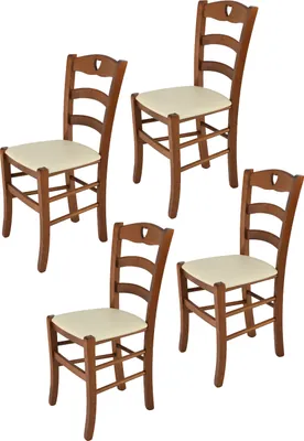 Produktbild von t m c s Tommychairs - 4er Set Stühle CUORE für Küche und Esszimmer, robuste Struktur aus lackiertem Buchenholz im Farbton Helles Nussbraun und gepolsterte Sitzfläche mit Kunstleder in der Farbe Elfenbein bezogen