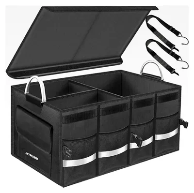 Produktbild von Kofferraum-Organizer 50 L mit verstärktem Boden und Deckel, faltbar, mit Klett-Sicherungsriemen, Trennwänden und Metallgriffen, Autozubehör