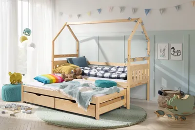Produktbild von KEF BLANKA Kinderbett 80x190 cm - Doppelbett mit Schubladen - Hausbett aus Holz - Babybett ohne Matratze - Naturbelassen