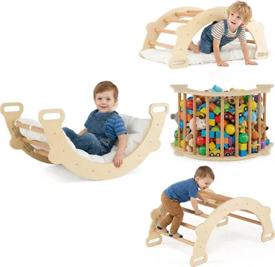 Produktbild von COSTWAY 3-in-1 Montessori Kletterbogen mit Kissen, Kletterdreieck zum Wippen & Klettern, Kletterleiter aus Holz, Klettergerüst, für Kinder 3+