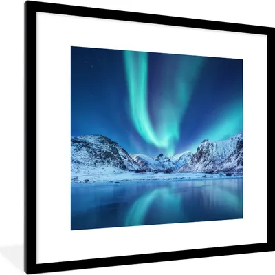 Produktbild von MuchoWow® MuchoWow® Gerahmtes Poster Nordlichter - Eis - Schnee - Norwegen 40x40 cm - Poster mit zchwarzem Bilderrahmen - Poster - Plakat im Rahmen