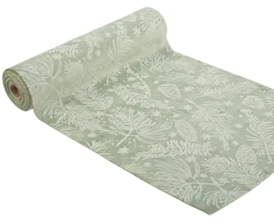 Productafbeelding van Botanische kersttafelkleed, saliegroen, 28 cm x 3 meter, met bloemenprint