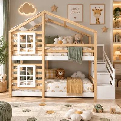 Produktbild von INONEFT Kinderbett Etagenbett 90x200 cm mit 3 Schublade, Hochbett mit Lattenrost Treppe und Rausfallschutz, Hausbett für 2 Kinder, Kiefer, KI-generiertes Bild