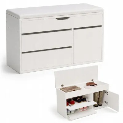 Immagine prodotto di Armadio per scarpe con seduta, in legno, con spazio contenitivo, 3 ripiani interni, apribile, bianco, 80 cm