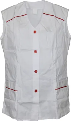 A white sleeveless tunic with red trim and buttons.