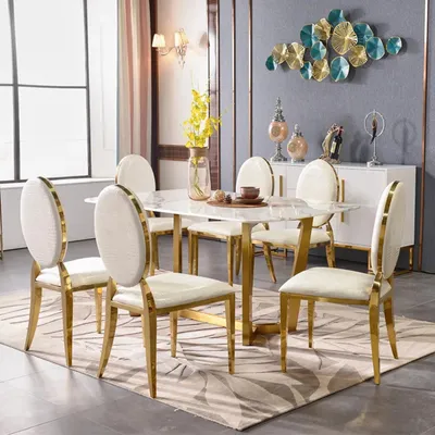 Produktbild von Moderner Esstisch in weißer Marmor-Optik mit Edelstahlbeinen – 180 x 90 x 76 cm