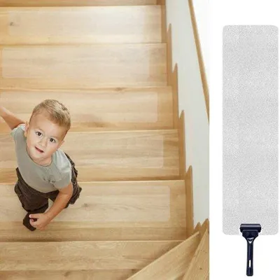 Obrázok produktu pre Ibenzoa® Transparentné protišmykové pásy na schody, sada 15 kusov, materiál PEVA, rozmer 10 x 60 cm – protišmykové, šetrné k pokožke, vrátane valčeka na pritláčanie a škrabky