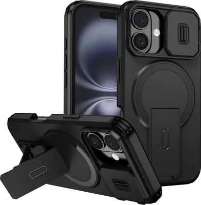 Produktbild von Magnetisch Hülle für iPhone 16, Dual Layer Stoßfest Handyhülle mit Dia Kameraschutz, Verstellbarem Ständer Schwarz
