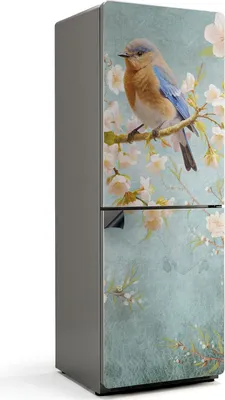 Zdjęcie produktu dla Ptak na gałęzi z kwiatami - magnetyczna osłona na lodówkę - magnetyczna osłona na lodówkę - magnes na lodówkę - samoprzylepna tablica magnetyczna - folia magnetyczna na drzwi lodówki - 70x190 cm