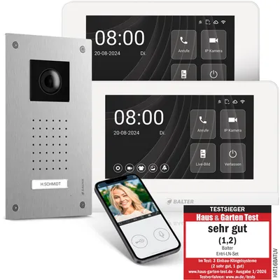 Produktbild von Balter ENTRI L Video Türsprechanlage, Video Türklingel, 1 Familienhaus mit 2x 7-Zoll HD Monitor, 2-Draht, Unterputz, App-Steuerung, Full HD Kamera