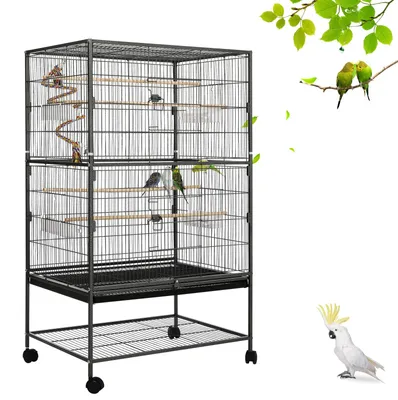 Obrázok produktu pre Veľký kovový klietka pre vtáky – klietka pre andulky na kolieskach – 4 kolieska – 2 dvierka – miska na krmivo a hojdačka – 132 x 78 x 52 cm