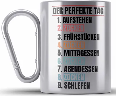 Produktbild von Trendation - Zocker Edelstahl Tasse Karabiner Geschenk Der Perfekte Gaming Tag Gamer Geschenkidee Lustiger Spruch Gaming (Silber)