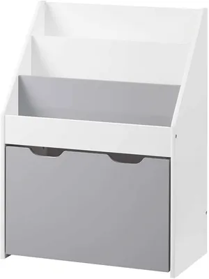Zdjęcie produktu dla Półka na książki dla dzieci z pojemnikiem na zabawki i rolkami | Szara + Biała | 28 x 50,5 x 69,5 cm